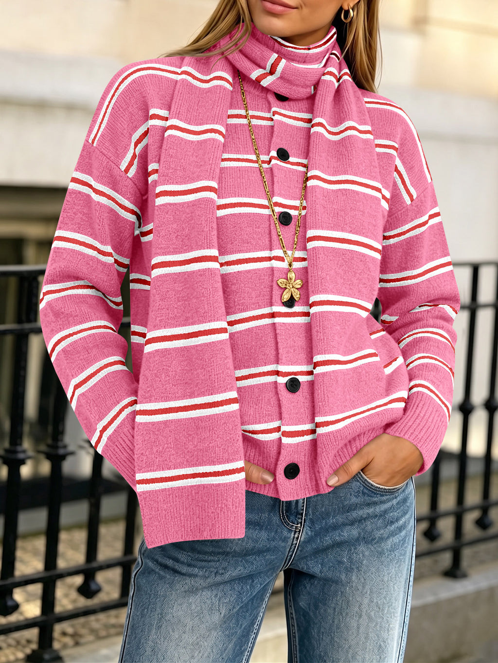 Saodimallsu Striped Knit Button Cardigan