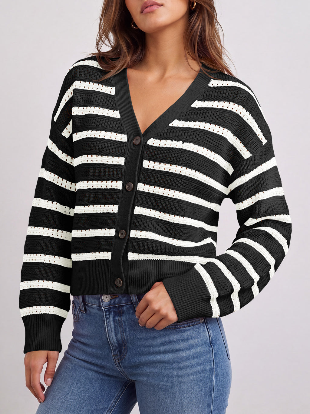 Saodimallsu Womens Striped Crochet Cardigan Tops