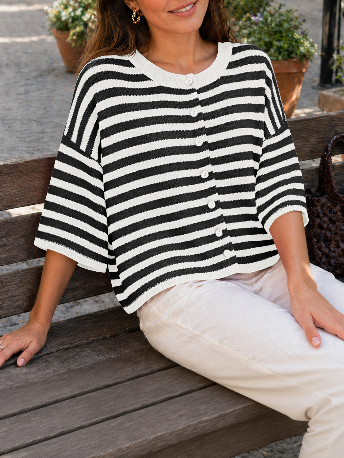 Saodimallsu Women Striped Cropped Cardigan