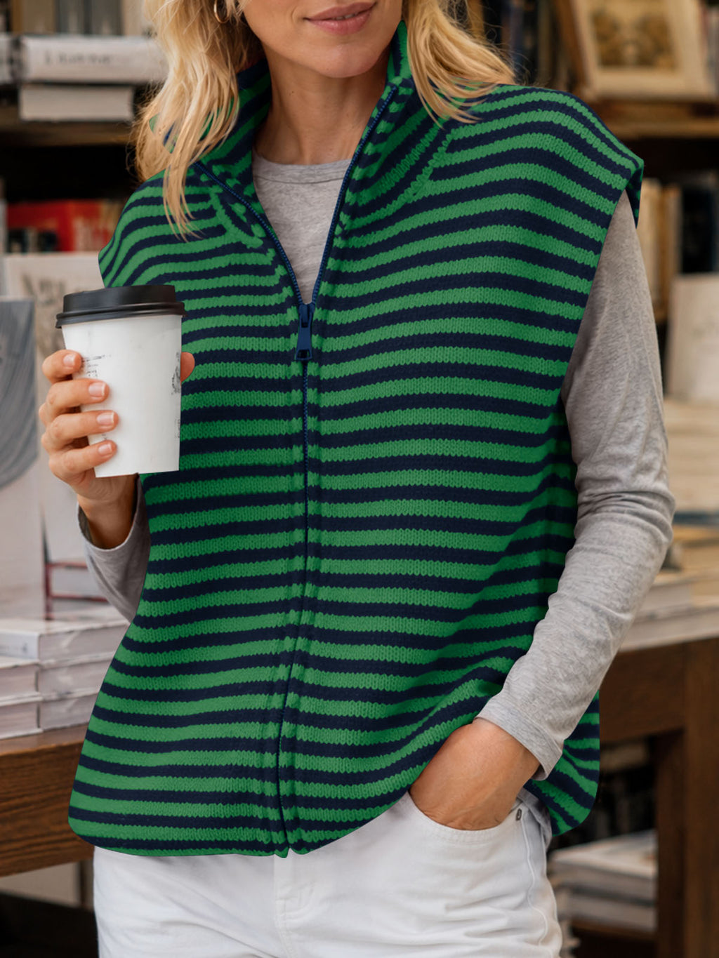 Saodimallsu Women Striped Zip Up Knit Cardigan