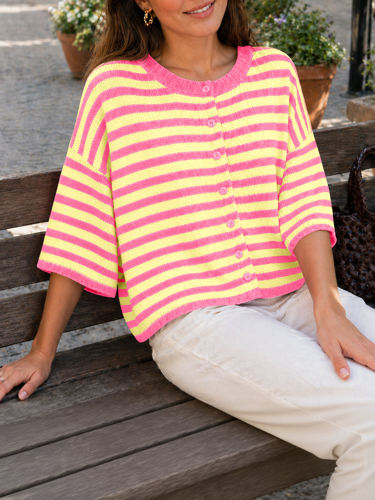 Saodimallsu Women Striped Cropped Cardigan