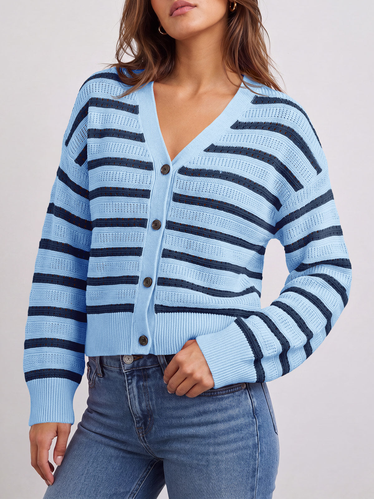 Saodimallsu Womens Striped Crochet Cardigan Tops