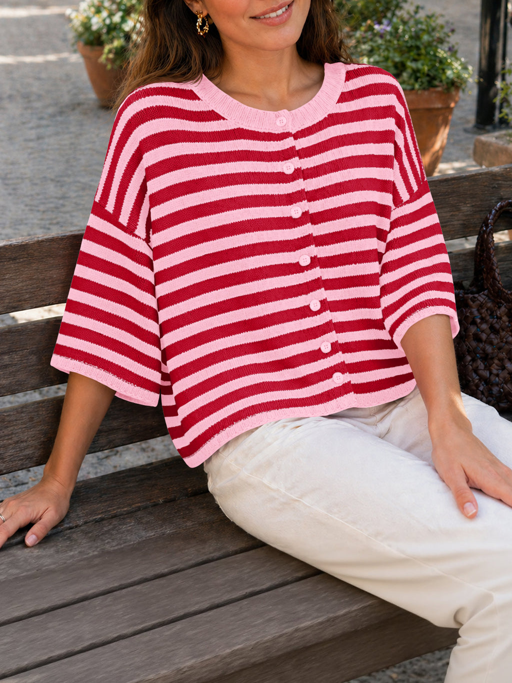 Saodimallsu Women Striped Cropped Cardigan