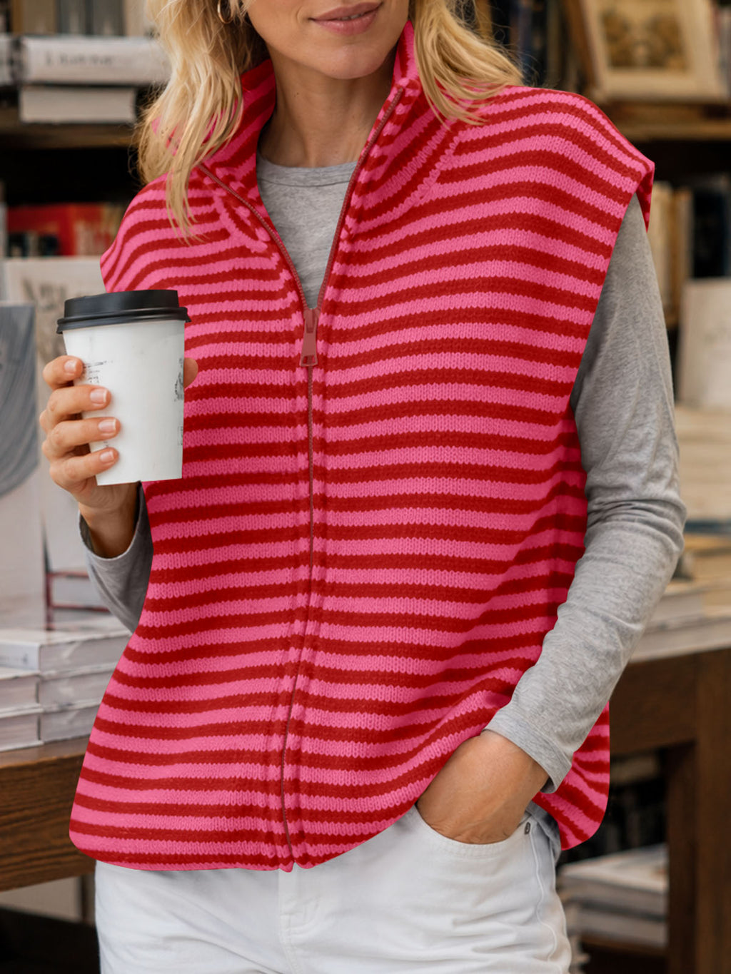 Saodimallsu Women Striped Zip Up Knit Cardigan
