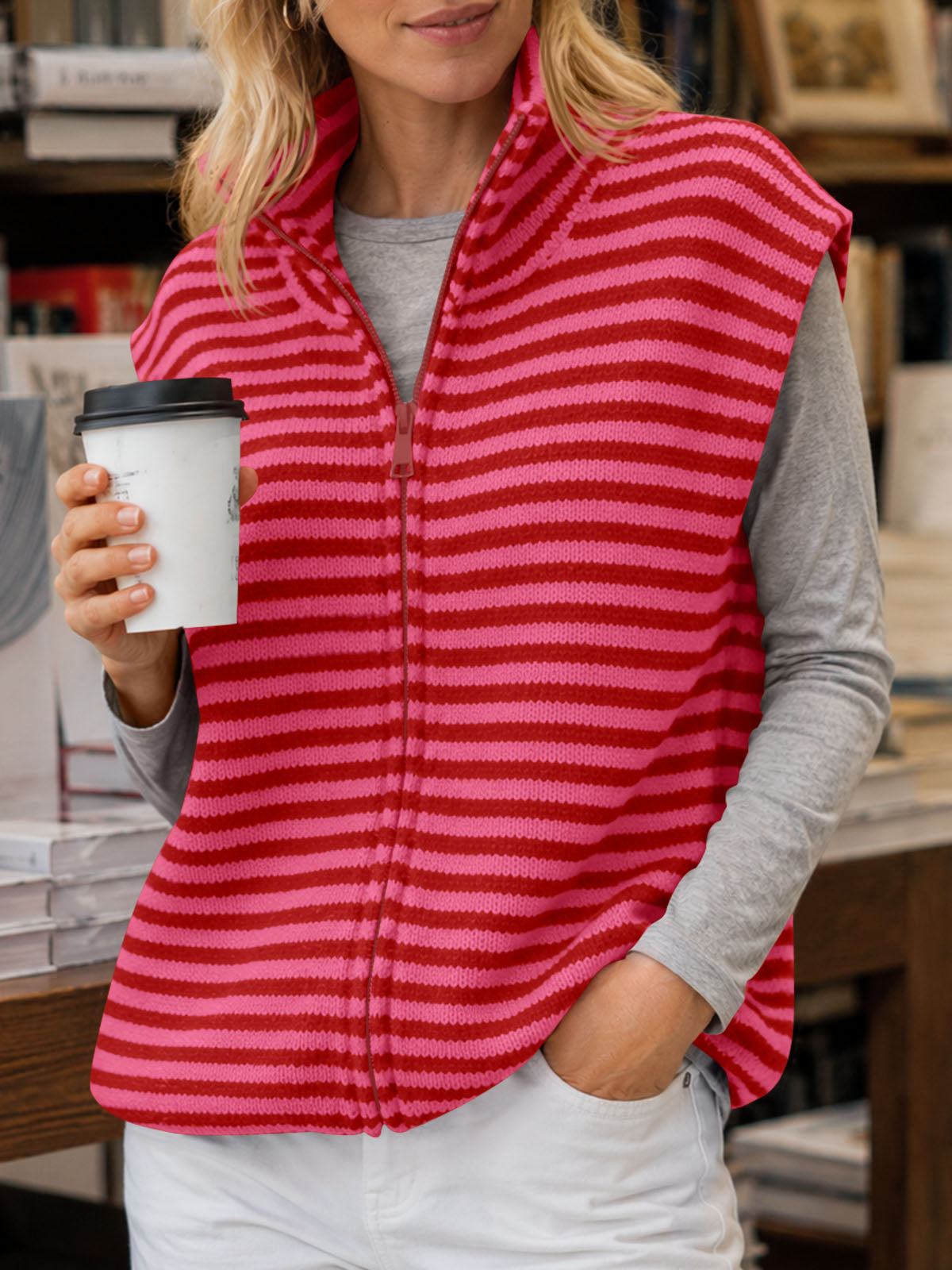 Saodimallsu Women Striped Zip Up Knit Cardigan