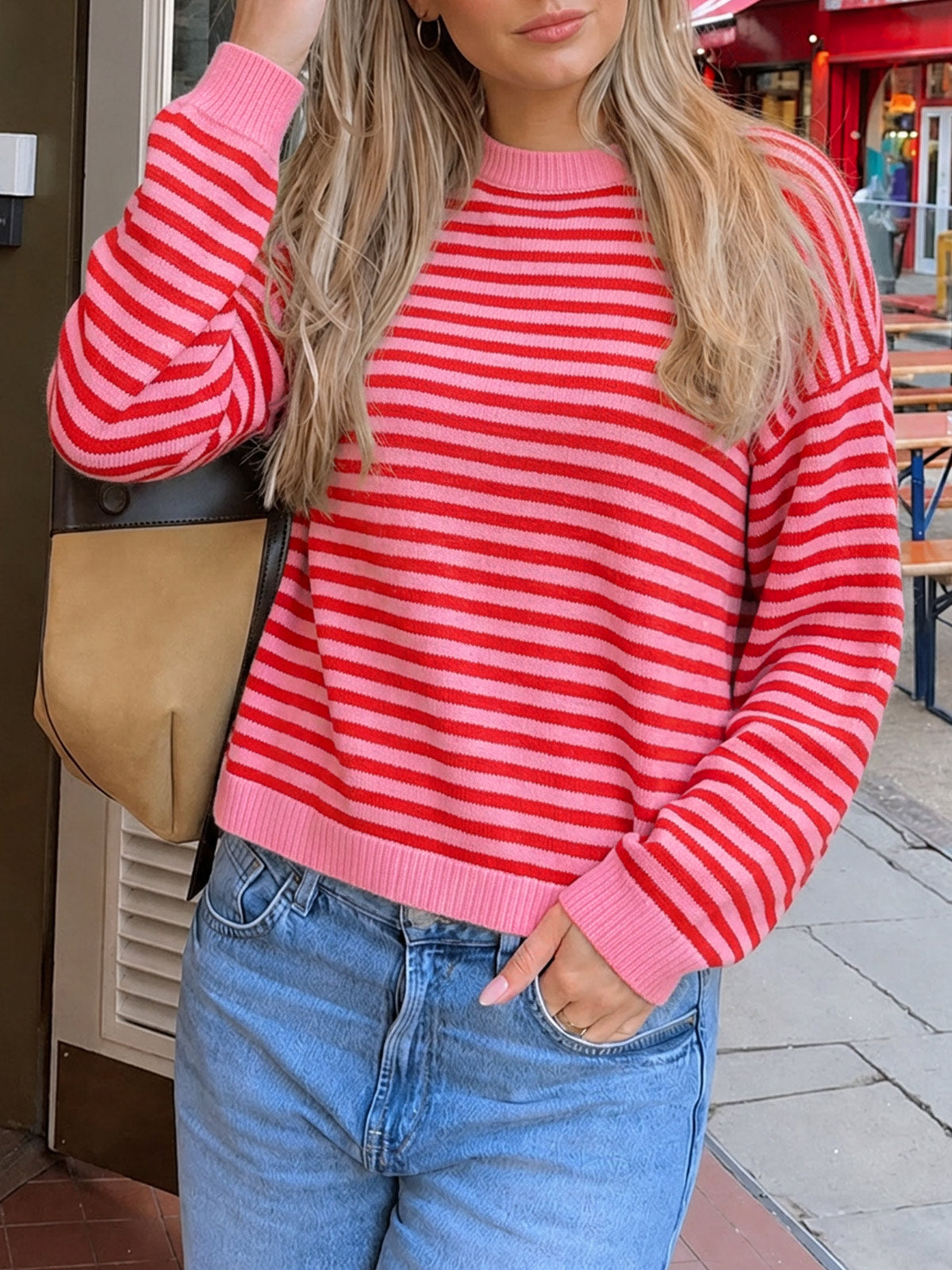 Saodimallsu Women Oversized Striped Crew Neck Pullover Sweater