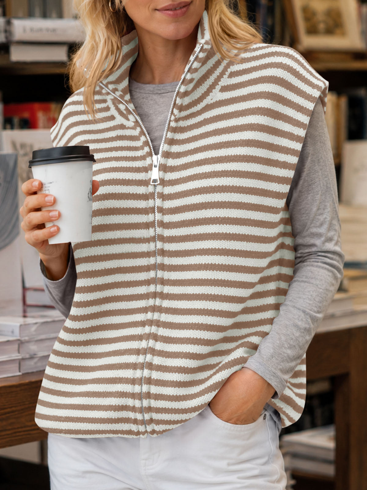 Saodimallsu Women Striped Zip Up Knit Cardigan