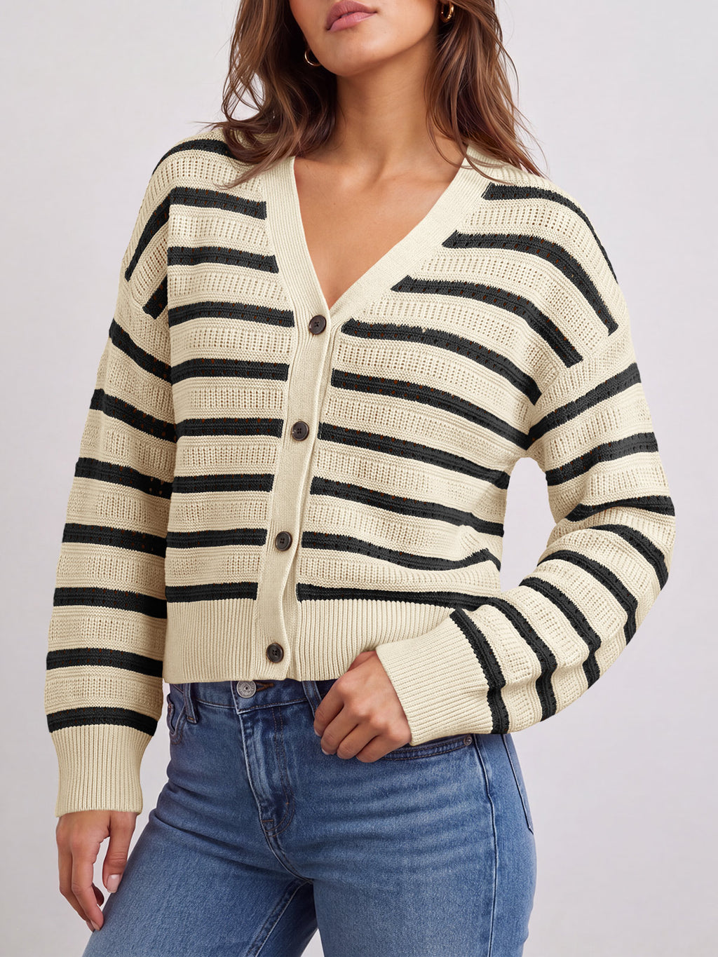 Saodimallsu Womens Striped Crochet Cardigan Tops