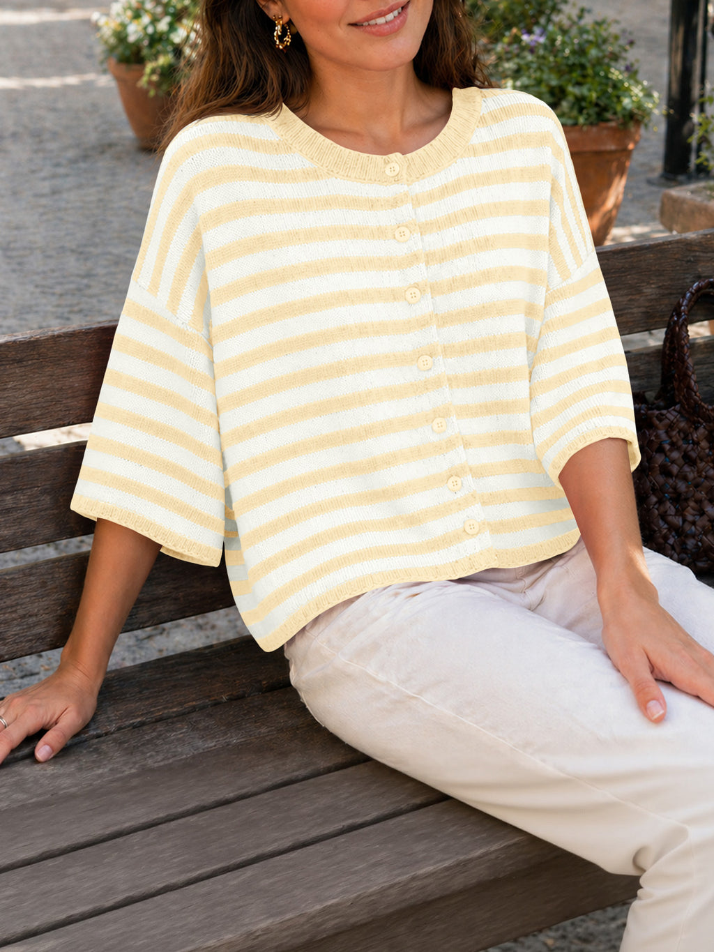 Saodimallsu Women Striped Cropped Cardigan