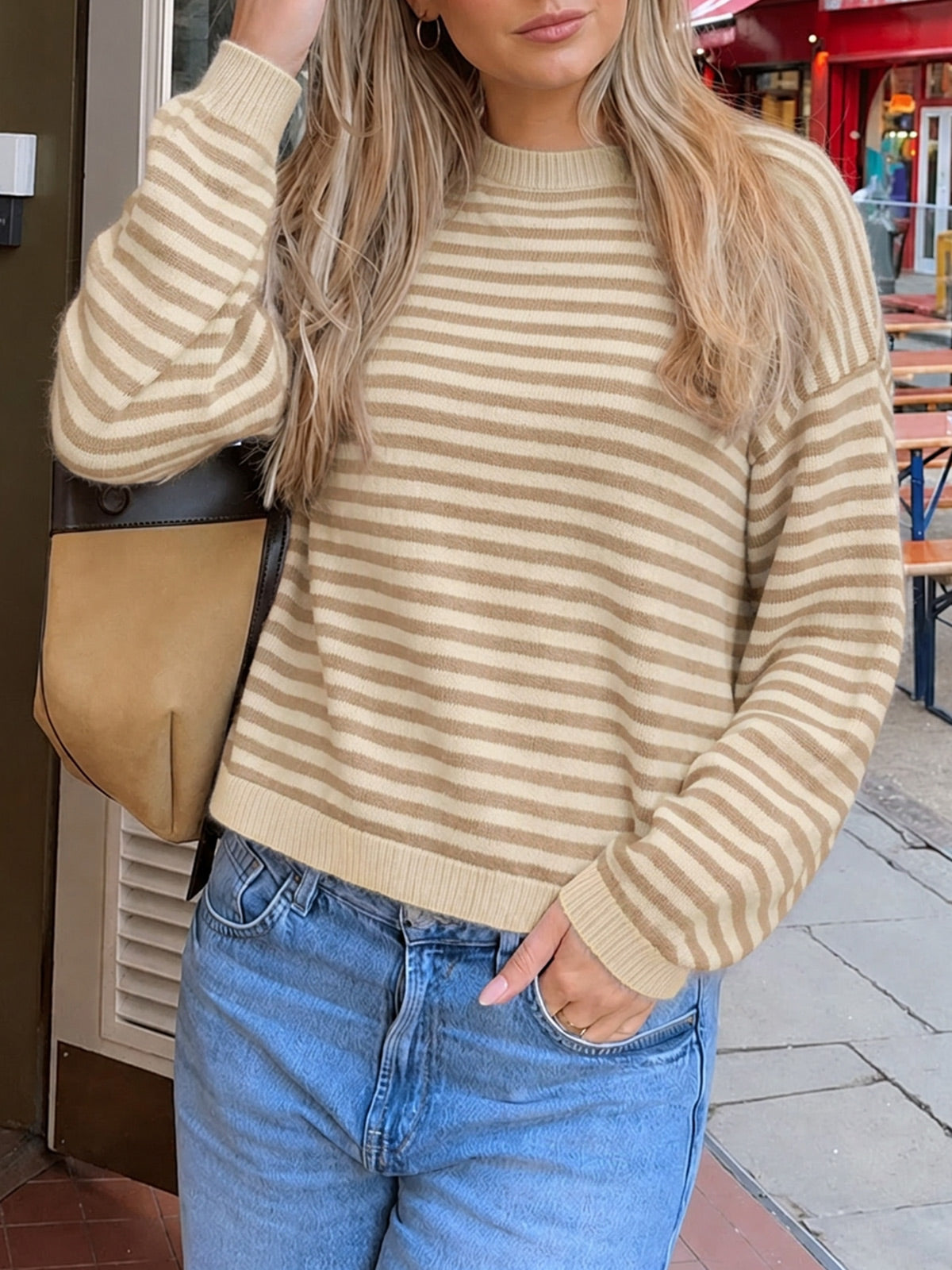 Saodimallsu Women Oversized Striped Crew Neck Pullover Sweater