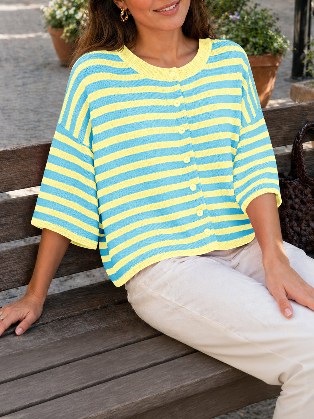 Saodimallsu Women Striped Cropped Cardigan