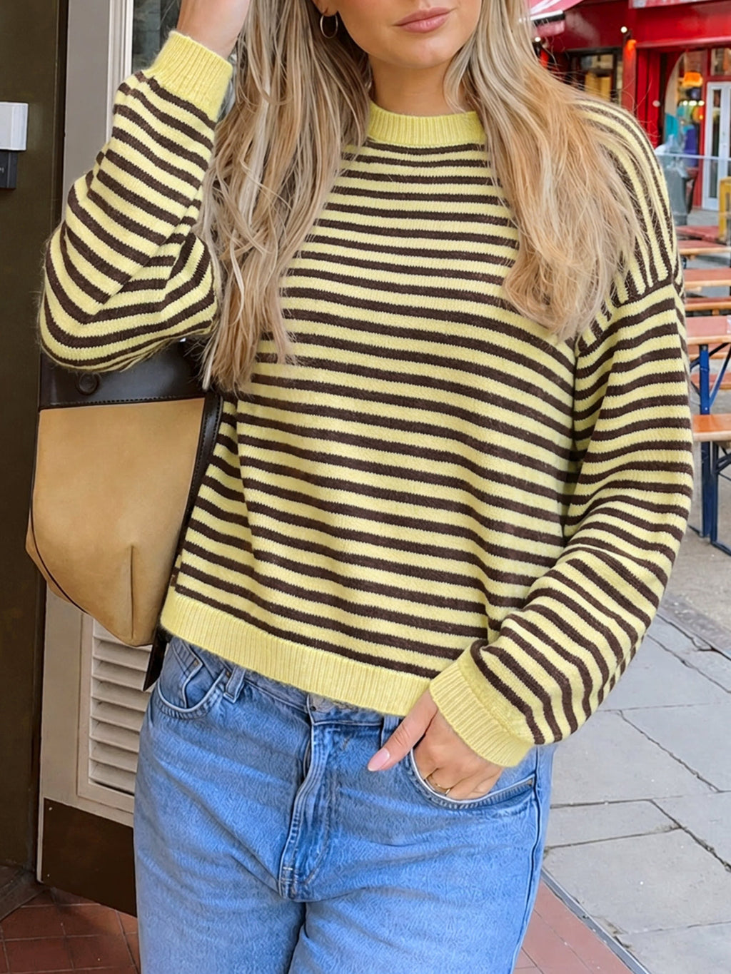 Saodimallsu Women Oversized Striped Crew Neck Pullover Sweater