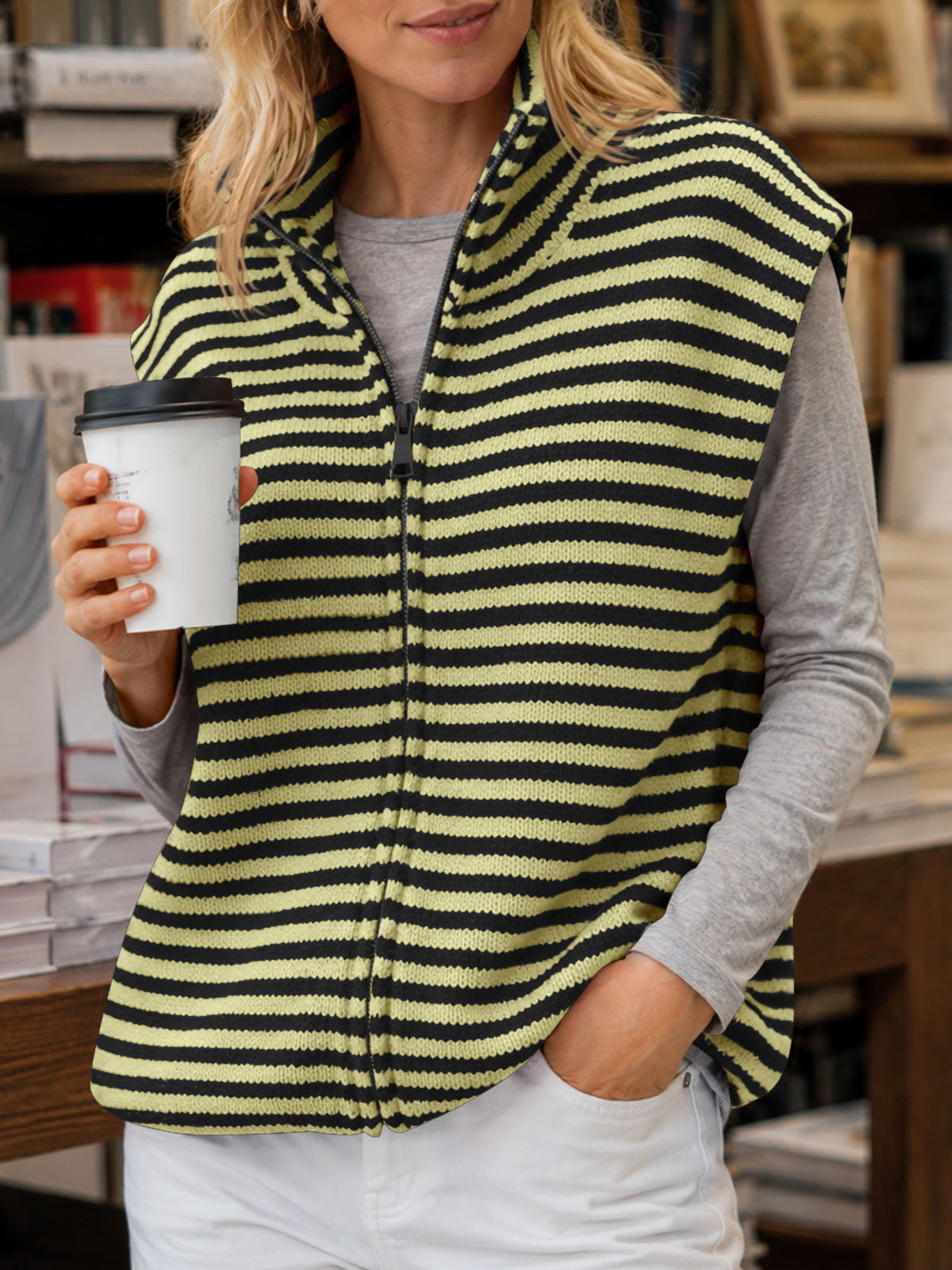 Saodimallsu Women Striped Zip Up Knit Cardigan