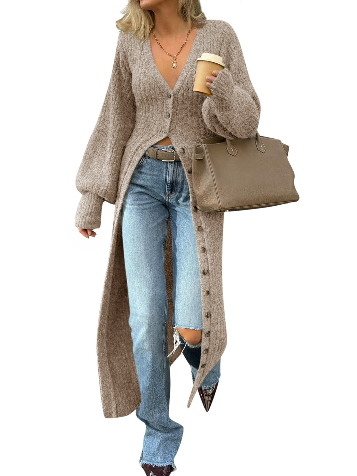 Saodimallsu Khaki Womens V Neck Cardigan