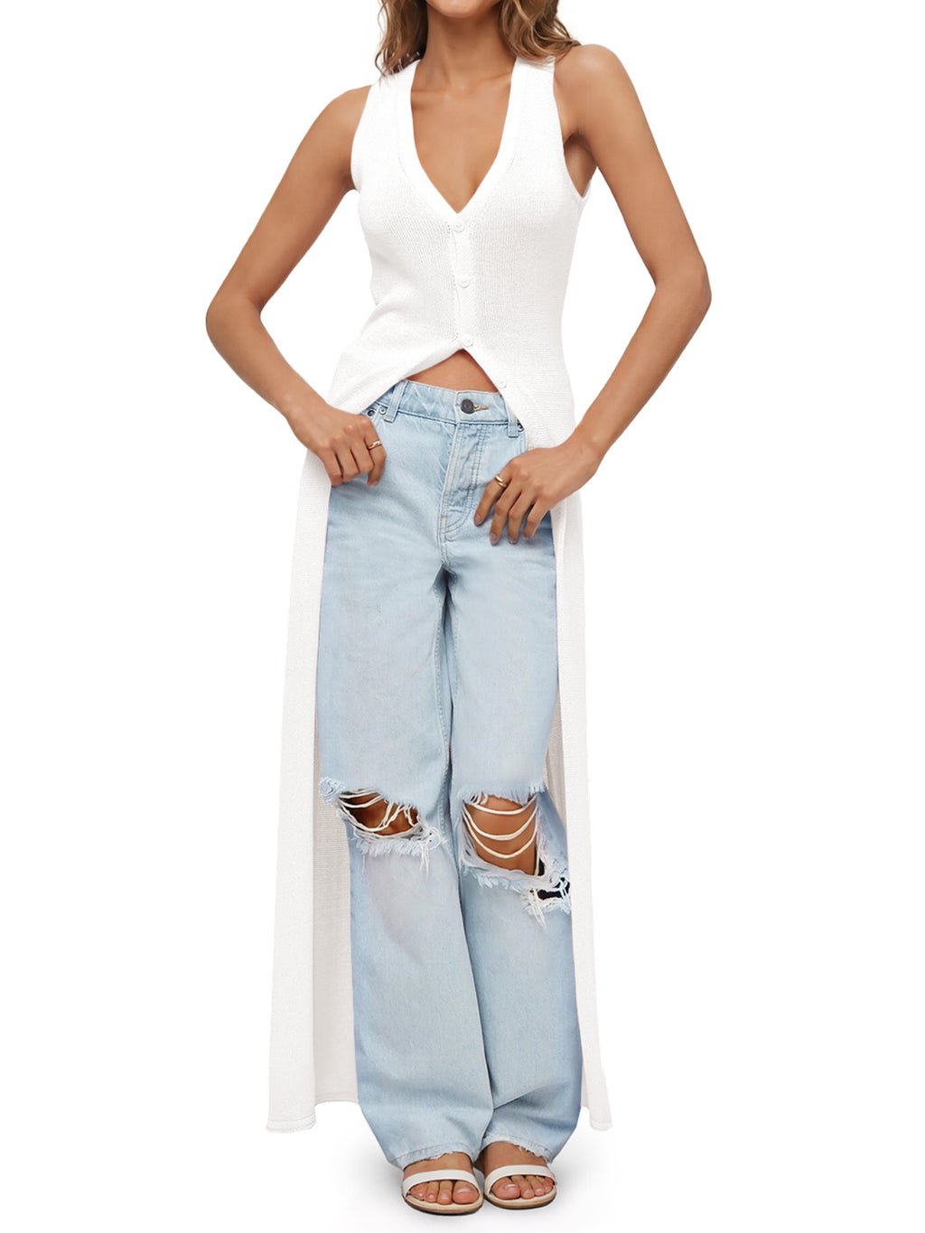 Saodimallsu Womens Sleeveless V Neck Long Cardigans