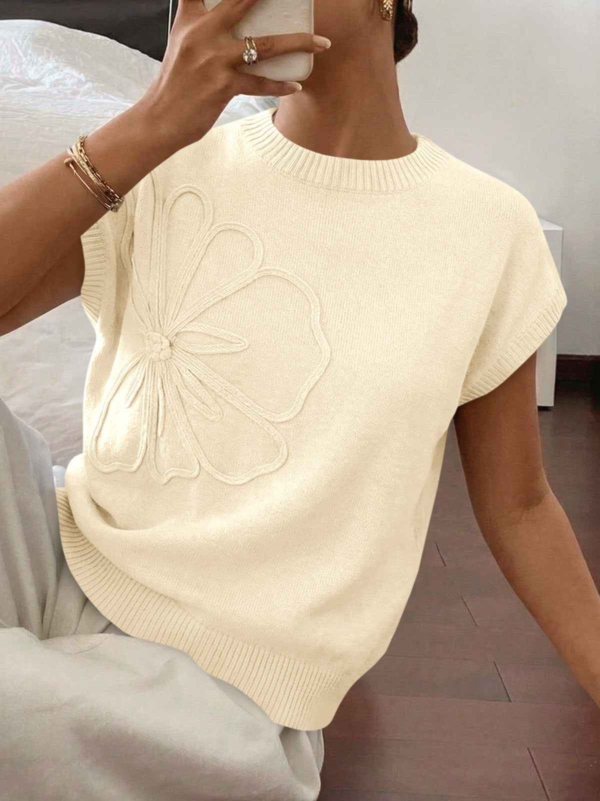 Saodimallsu Womens Short Sleeve Trendy Floral Pullover Sweaters