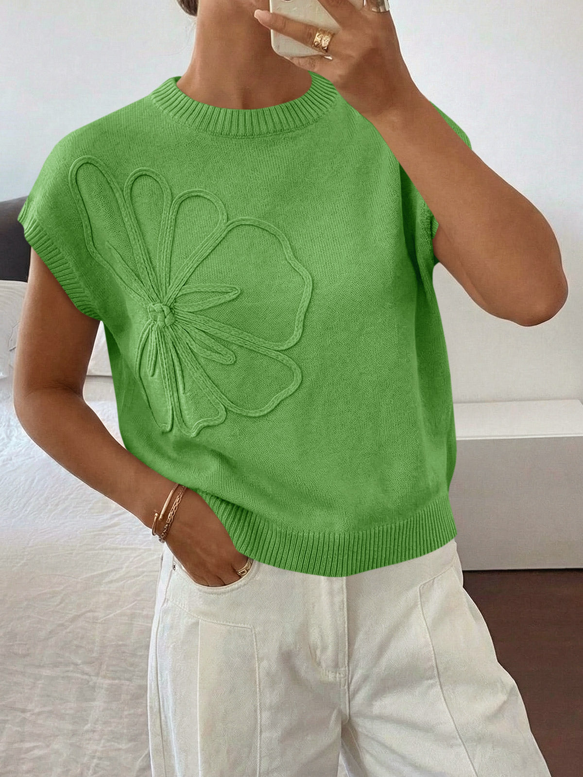 Saodimallsu Womens Short Sleeve Trendy Floral Pullover Sweaters