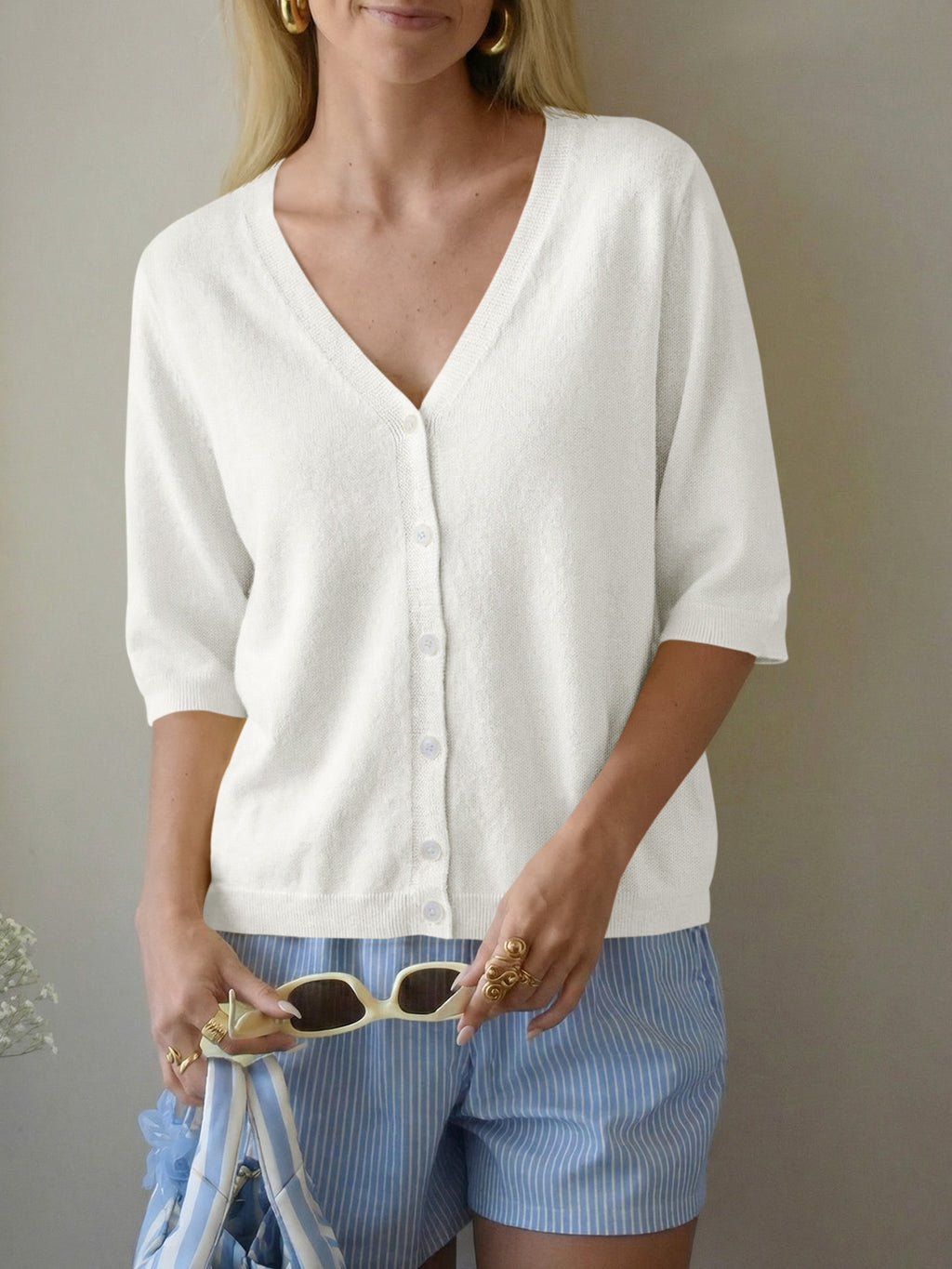 Womens Summer Lightweight V Neck Half Sleeve Knit Cardigans