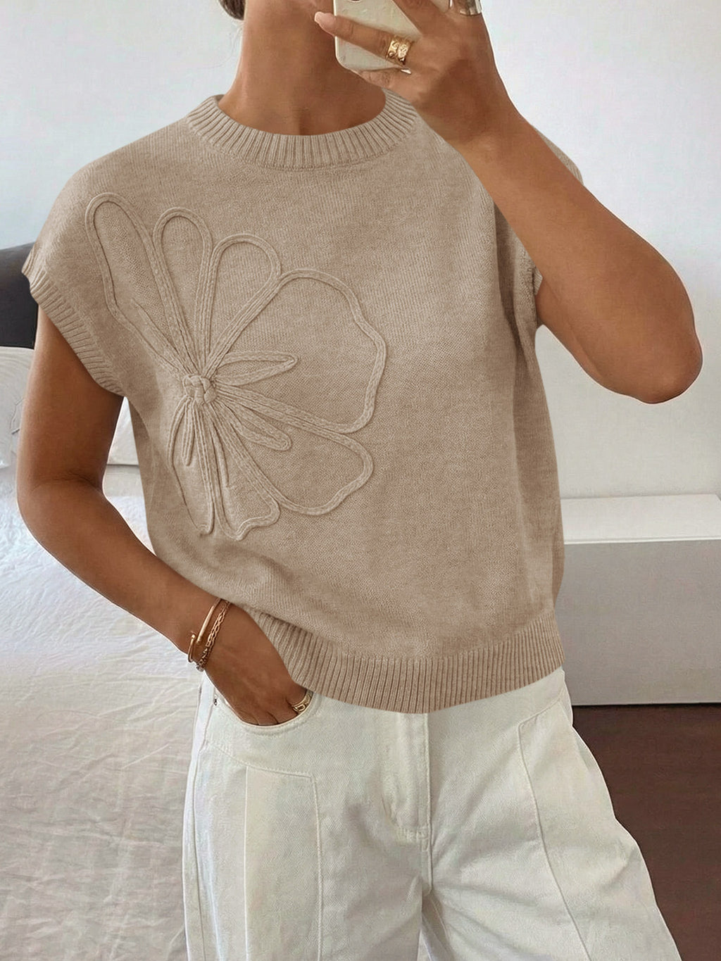 Saodimallsu Womens Short Sleeve Trendy Floral Pullover Sweaters