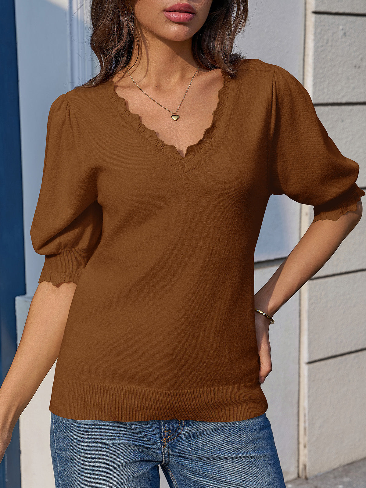 Saodimallsu Womens Puff Sleeve V Neck Knit Pullover