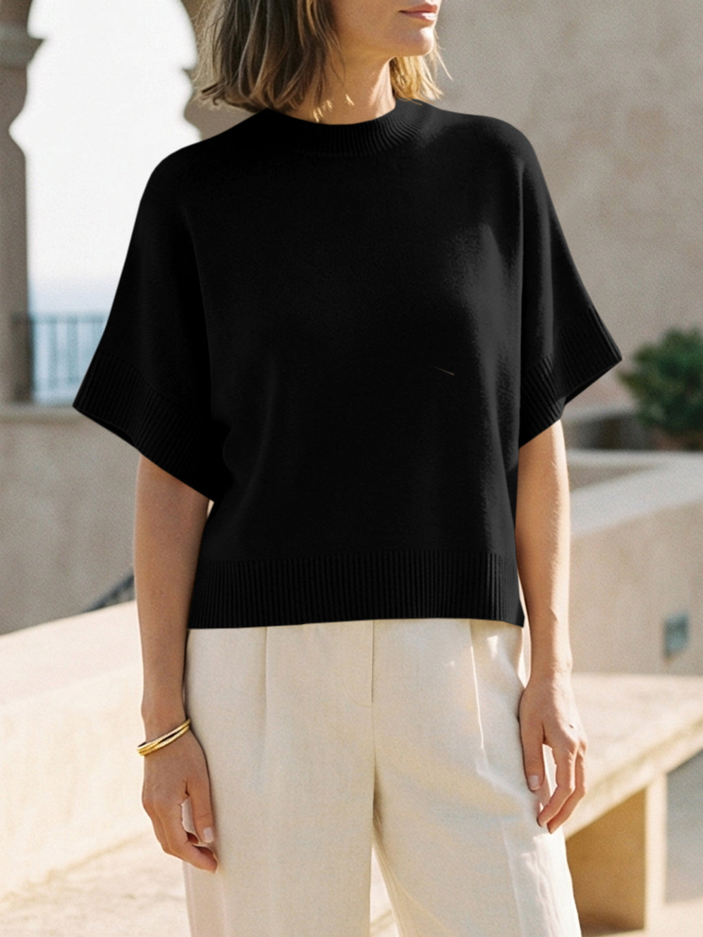 Saodimallsu Womens Short Sleeve Crew Neck Knit Sweater