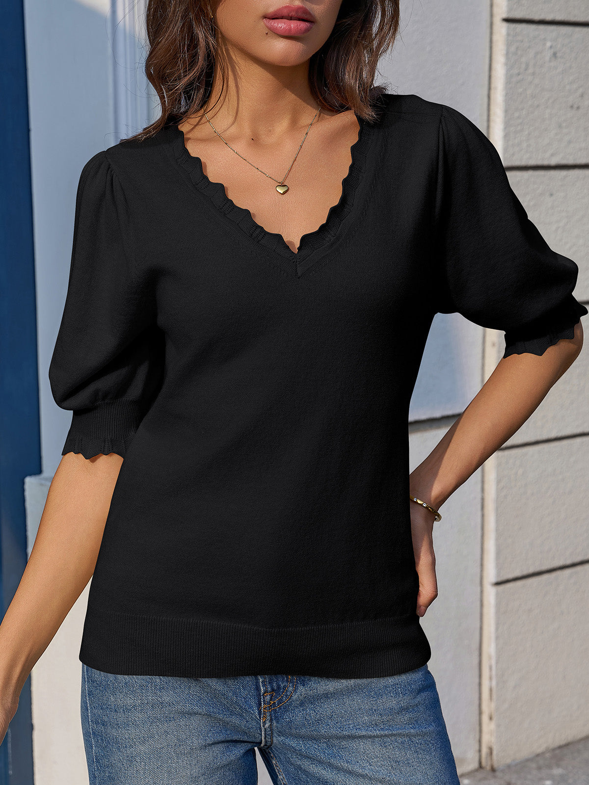 Saodimallsu Womens Puff Sleeve V Neck Knit Pullover