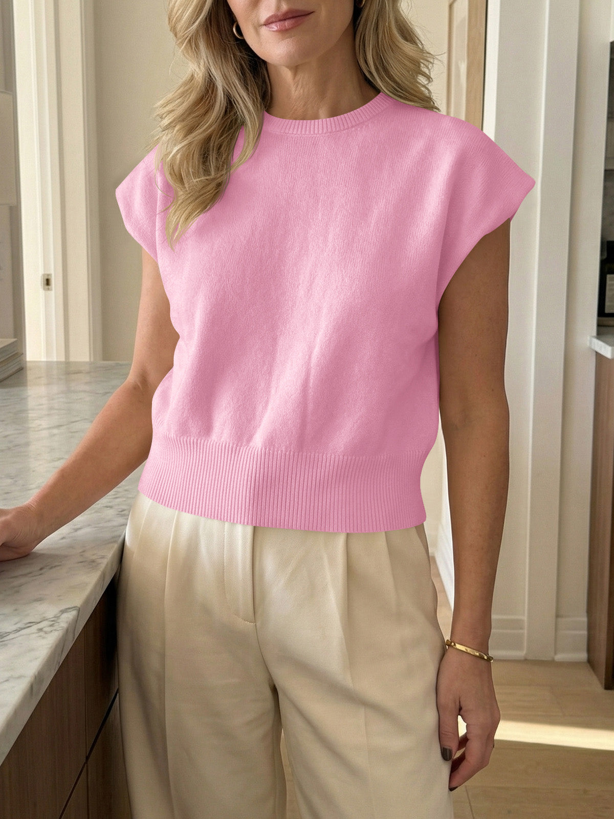 Saodimallsu Womens Crew Neck Cap Sleeve Sweater