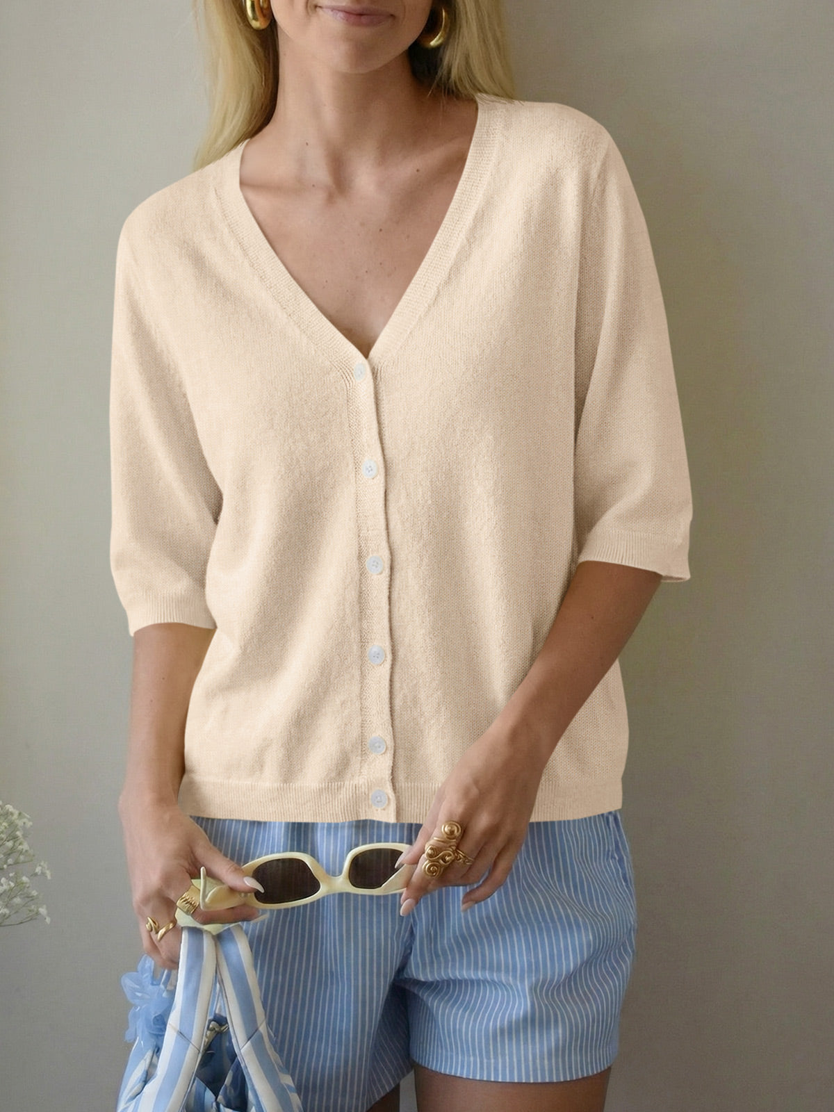 Womens Summer Lightweight V Neck Half Sleeve Knit Cardigans