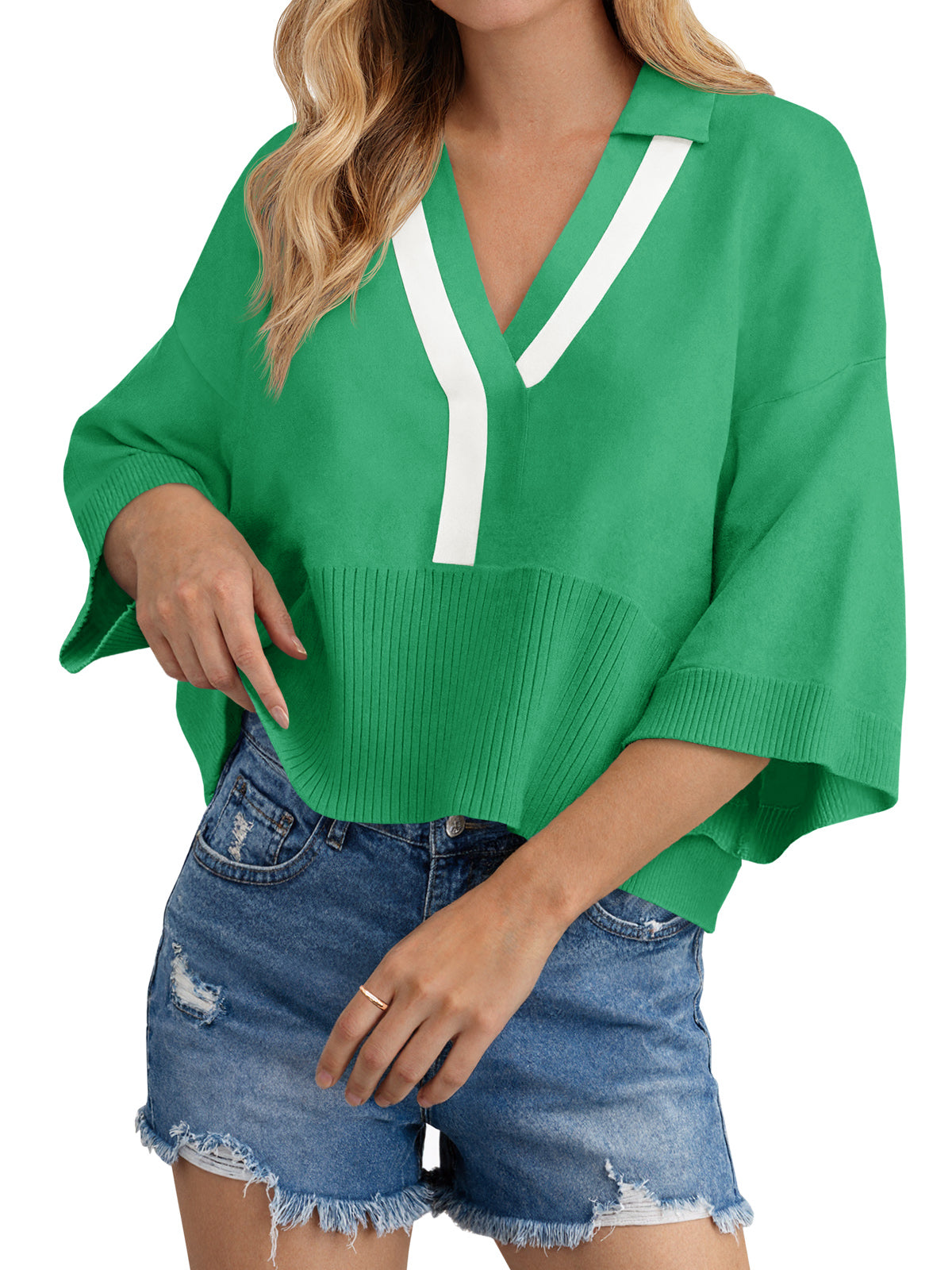 Saodimallsu Womens Color Block V Neck Sweater