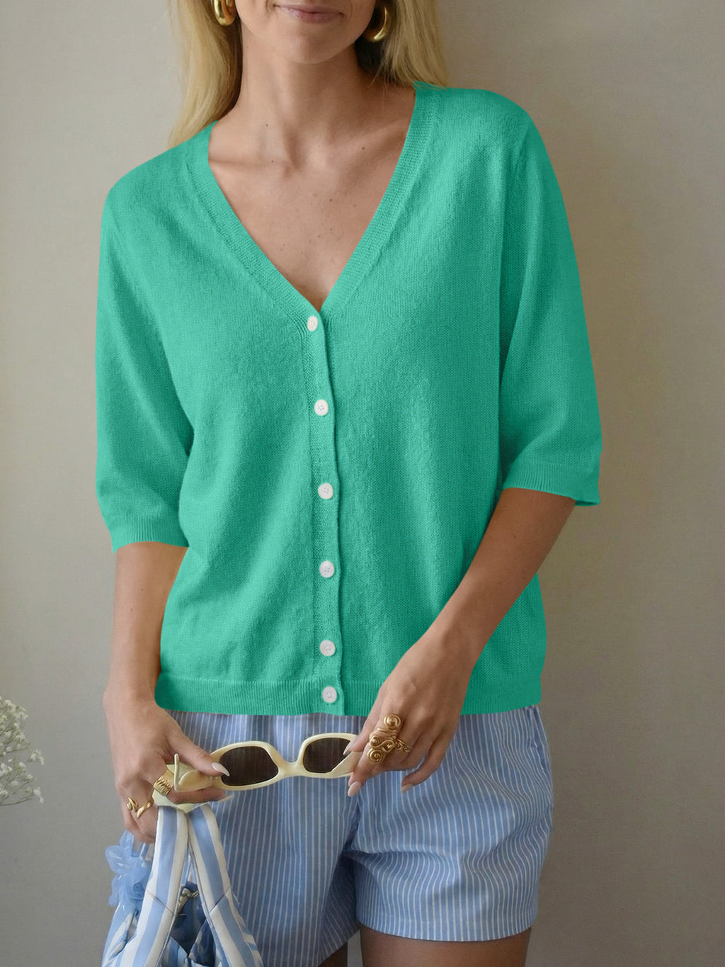 Womens Summer Lightweight V Neck Half Sleeve Knit Cardigans