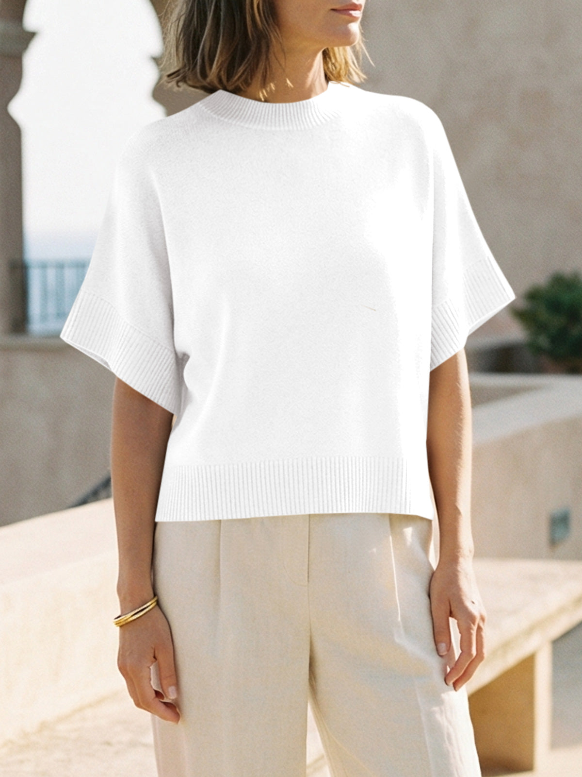 Saodimallsu Womens Short Sleeve Crew Neck Knit Sweater
