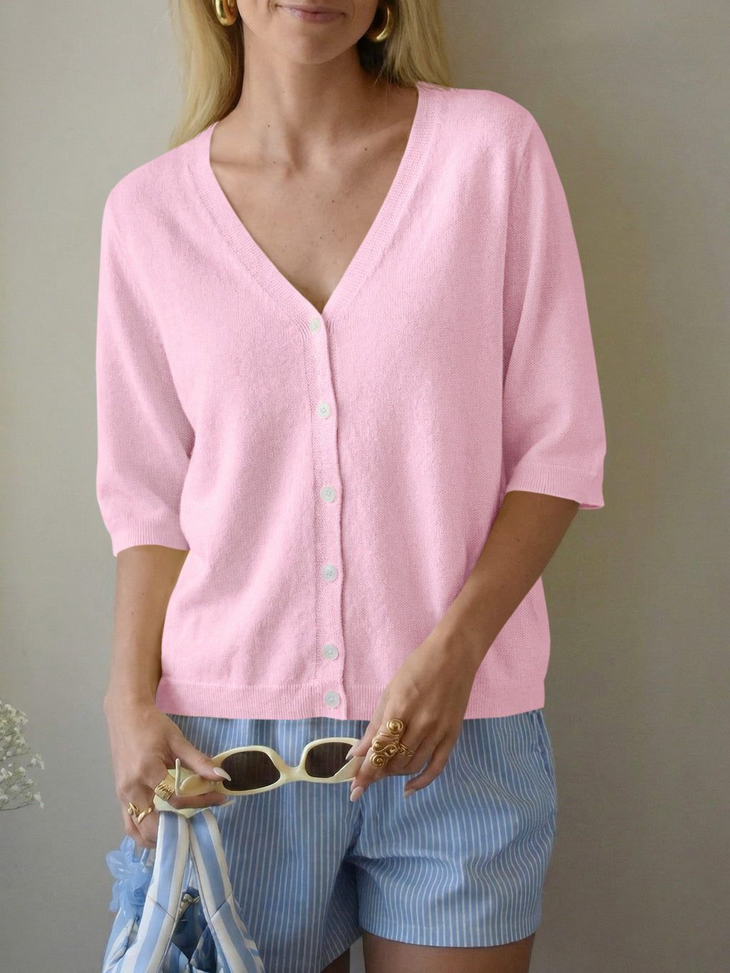 Womens Summer Lightweight V Neck Half Sleeve Knit Cardigans