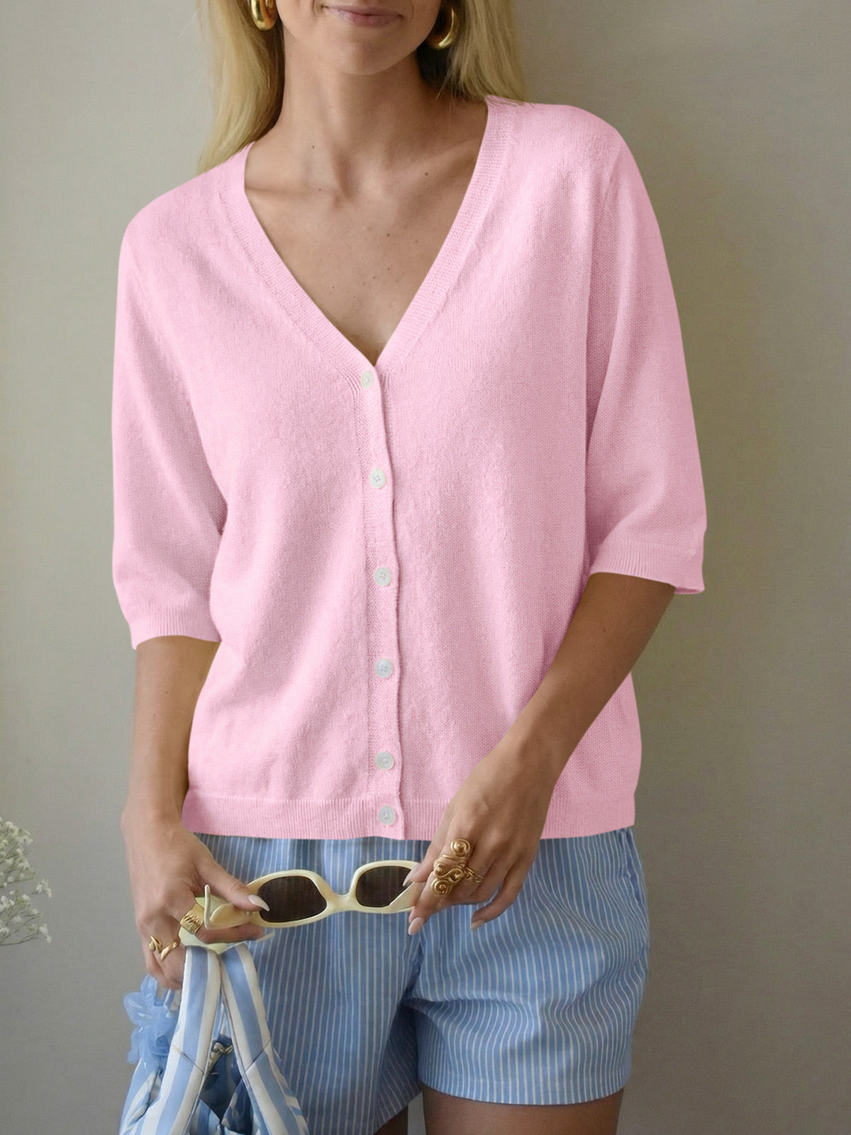 Womens Summer Lightweight V Neck Half Sleeve Knit Cardigans