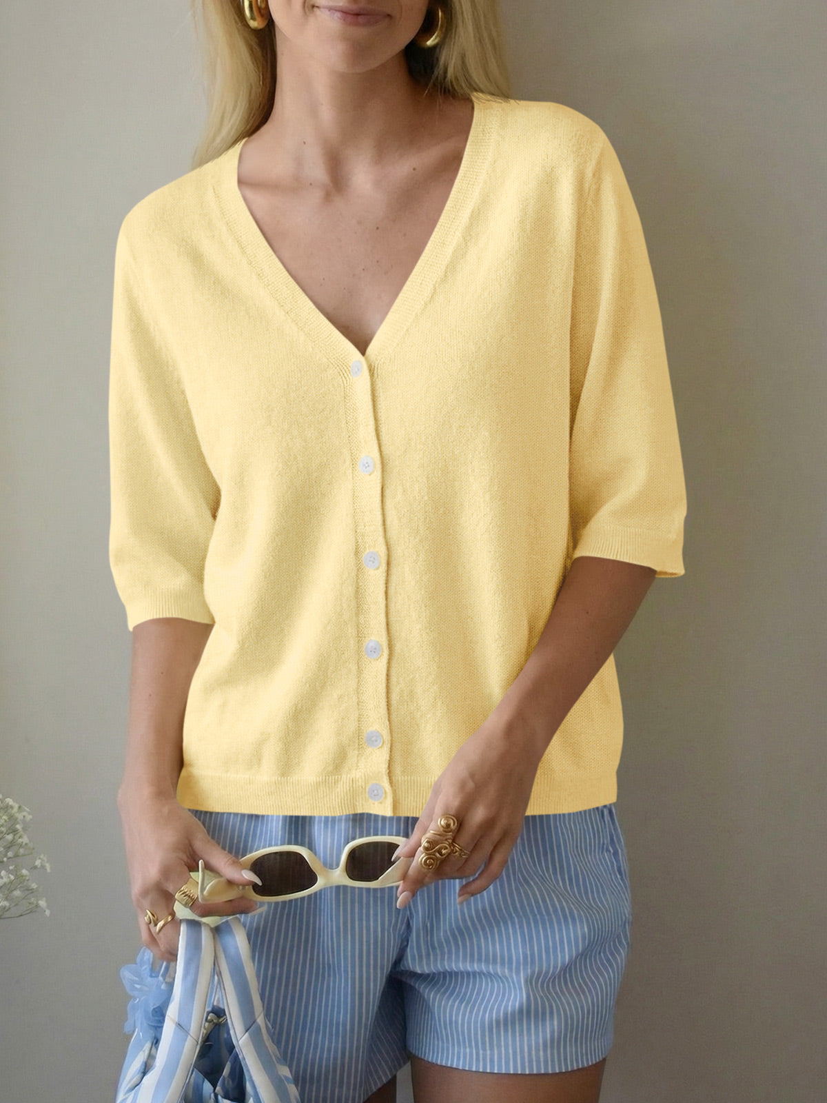 Womens Summer Lightweight V Neck Half Sleeve Knit Cardigans