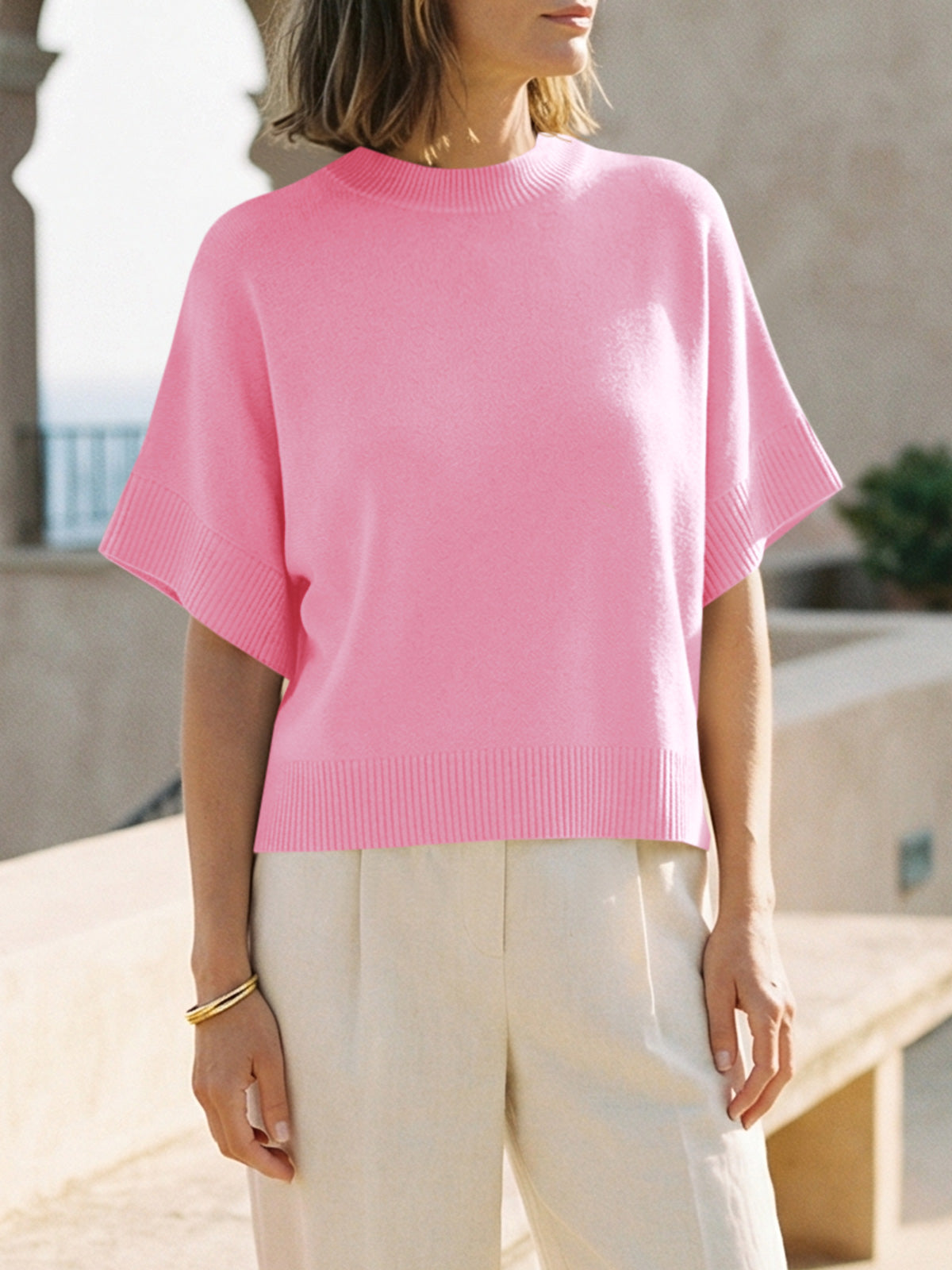Saodimallsu Womens Short Sleeve Crew Neck Knit Sweater