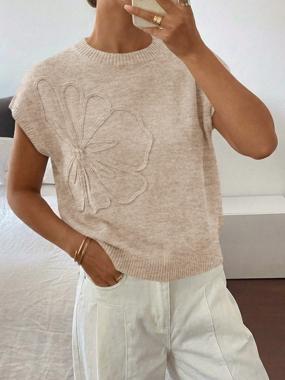 Saodimallsu Womens Short Sleeve Trendy Floral Pullover Sweaters