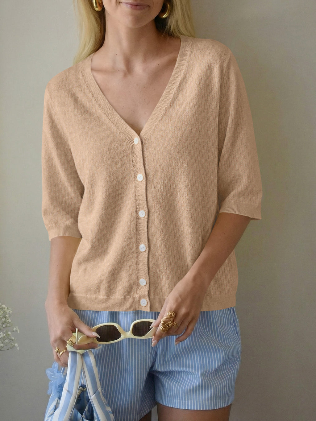 Womens Summer Lightweight V Neck Half Sleeve Knit Cardigans