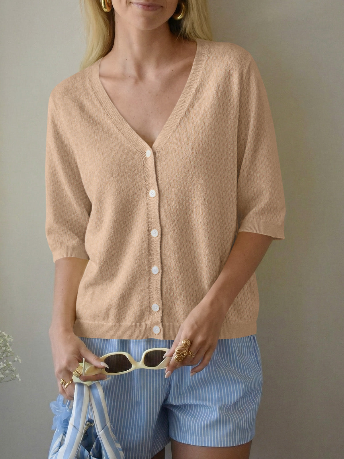 Womens Summer Lightweight V Neck Half Sleeve Knit Cardigans