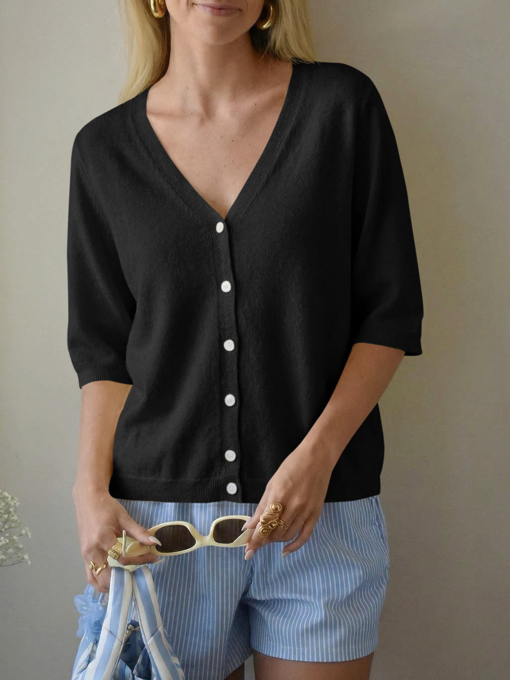 Womens Summer Lightweight V Neck Half Sleeve Knit Cardigans