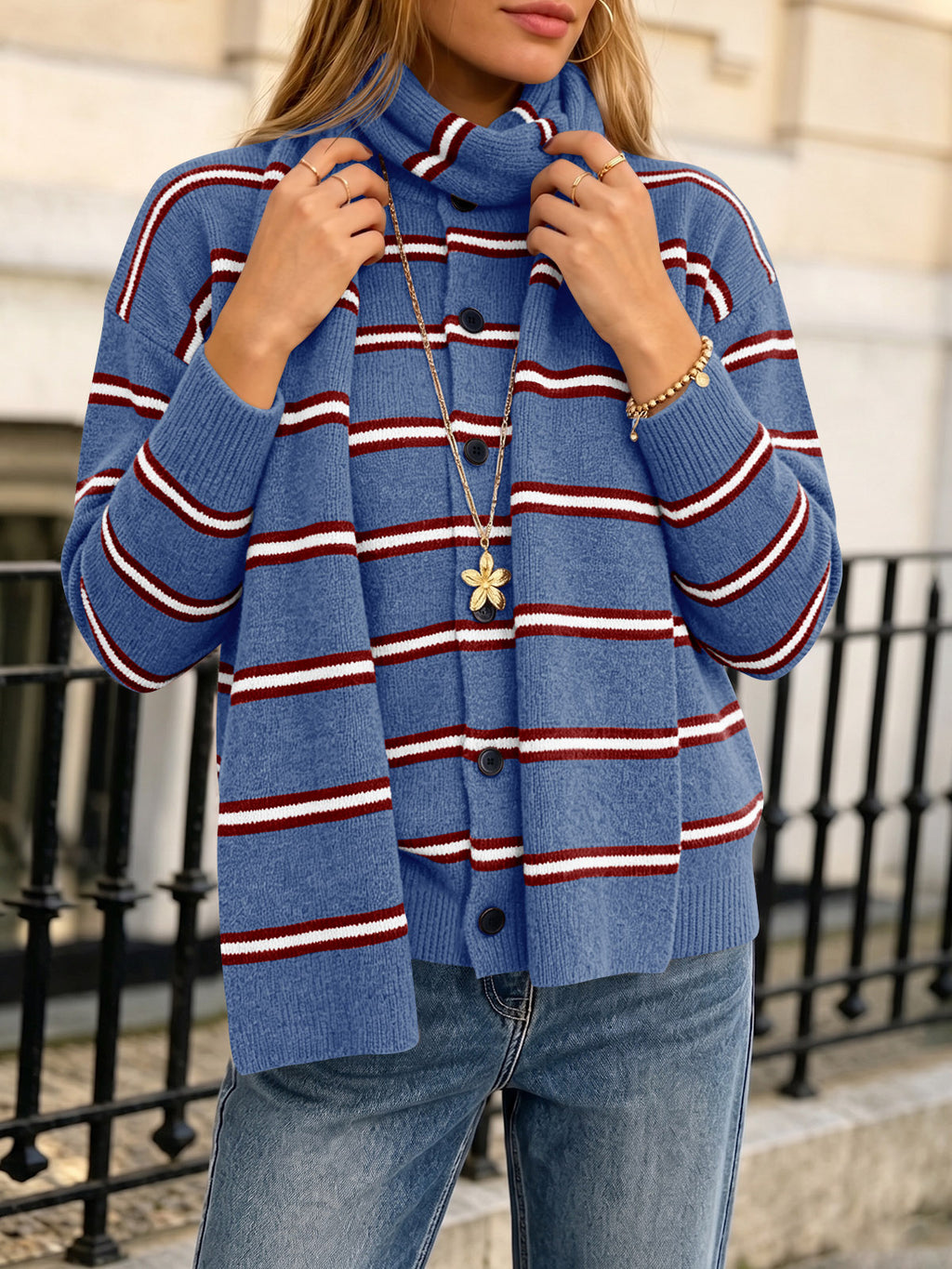 Saodimallsu Striped Knit Button Cardigan