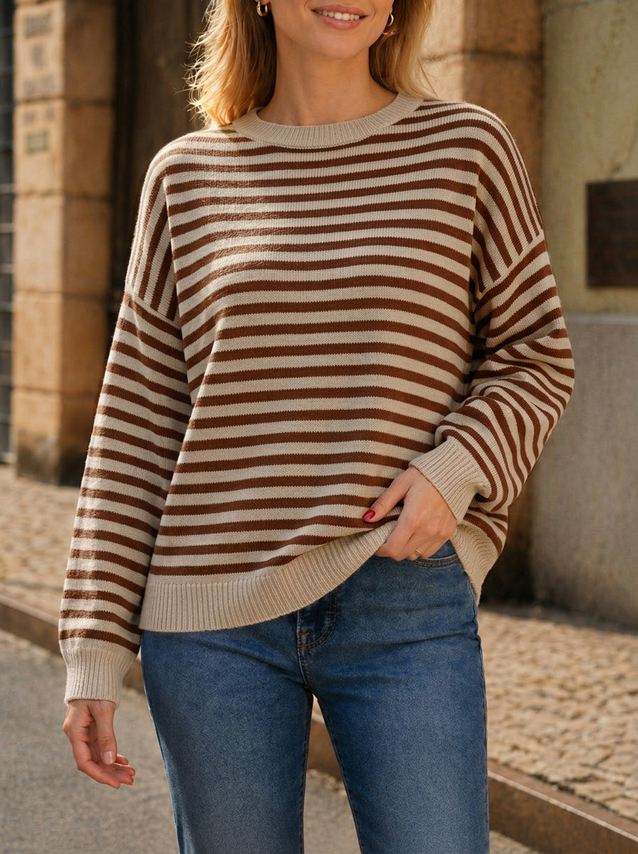 Saodimallsu Women Oversized Striped Crew Neck Pullover Sweater
