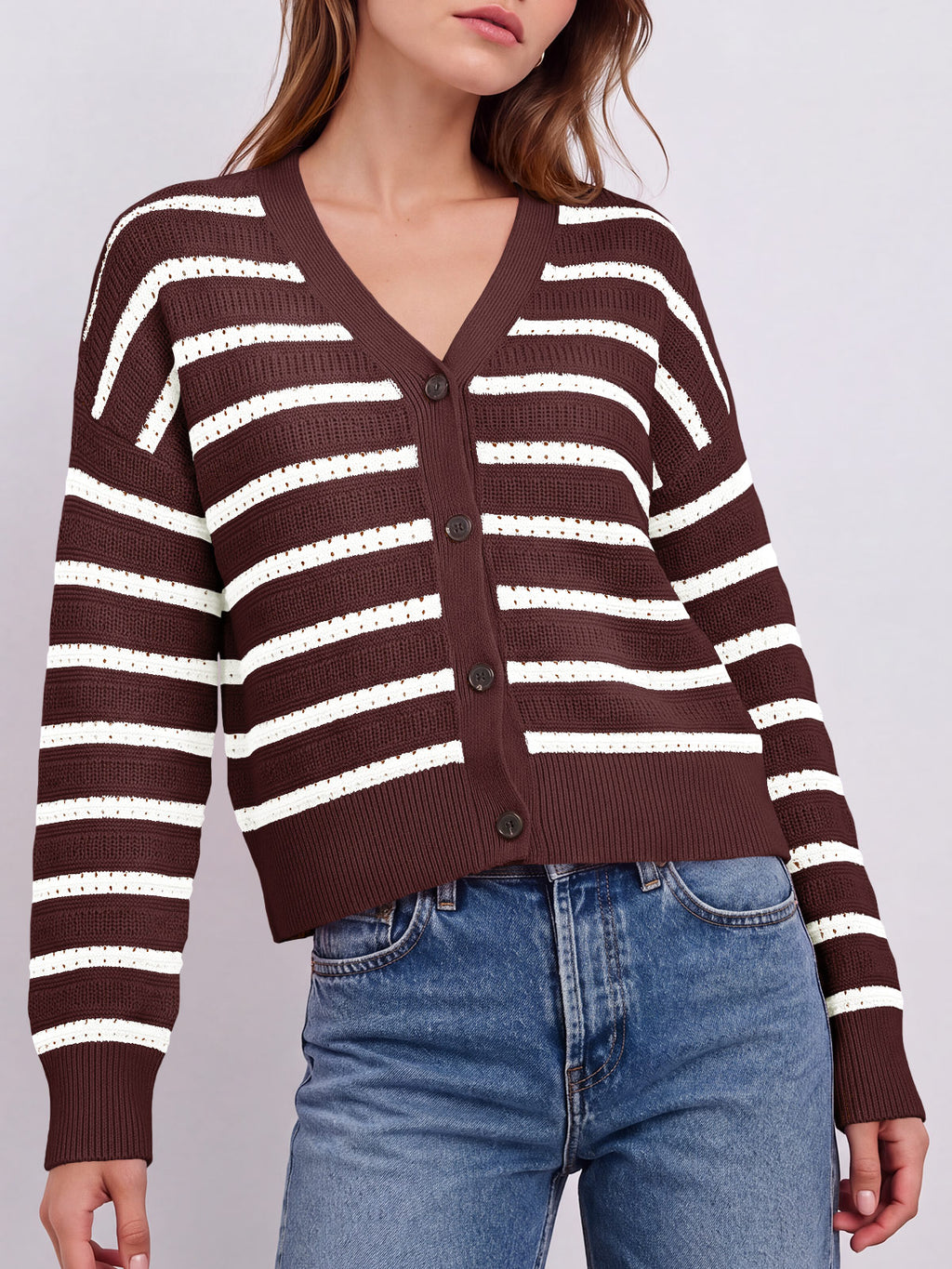 Saodimallsu Womens Striped Crochet Cardigan Tops