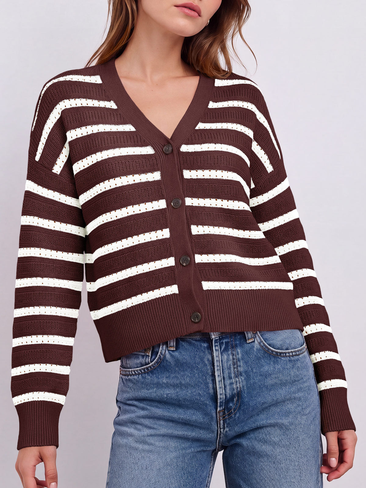 Saodimallsu Womens Striped Crochet Cardigan Tops