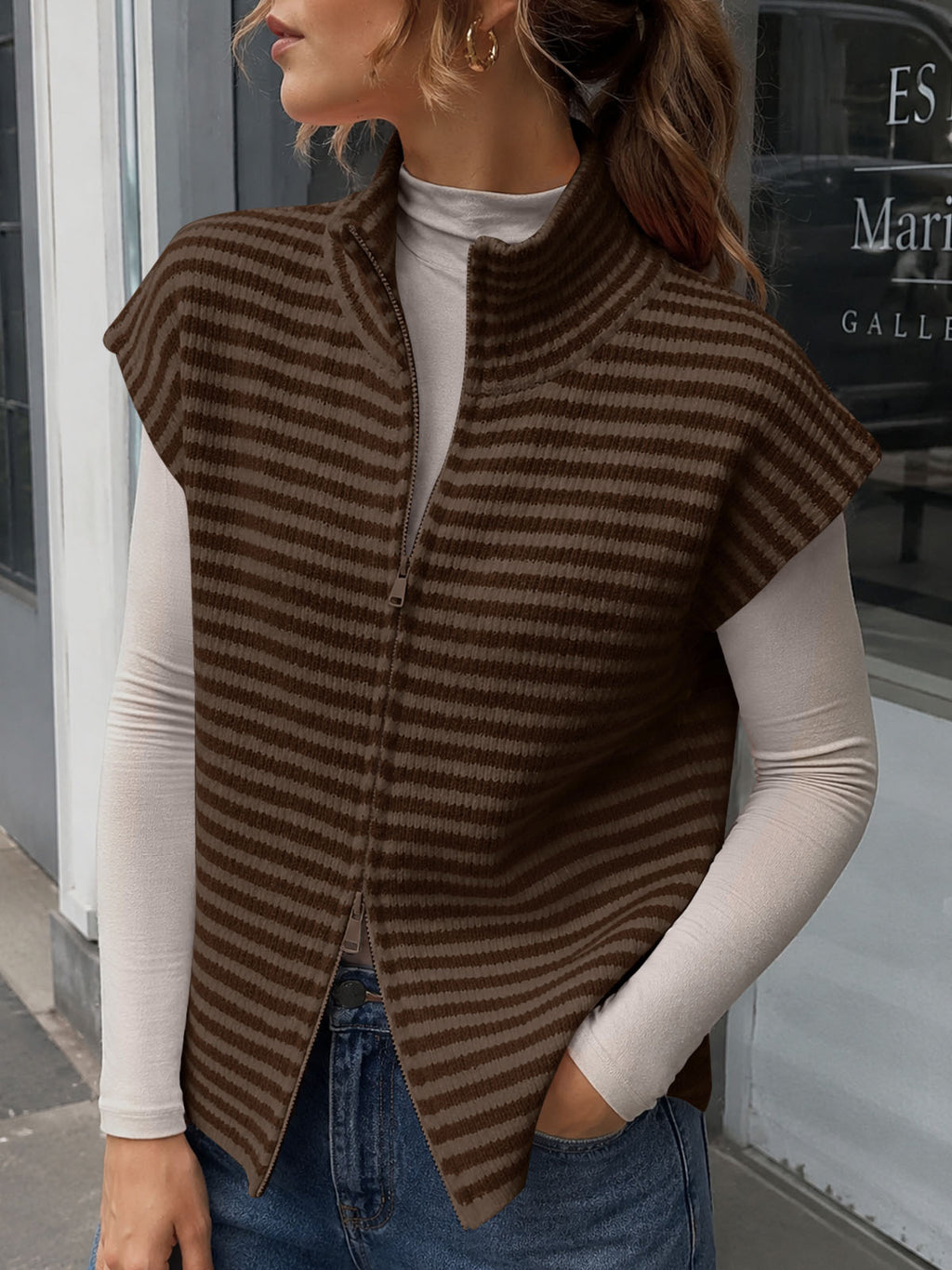 Saodimallsu Women Striped Zip Up Knit Cardigan