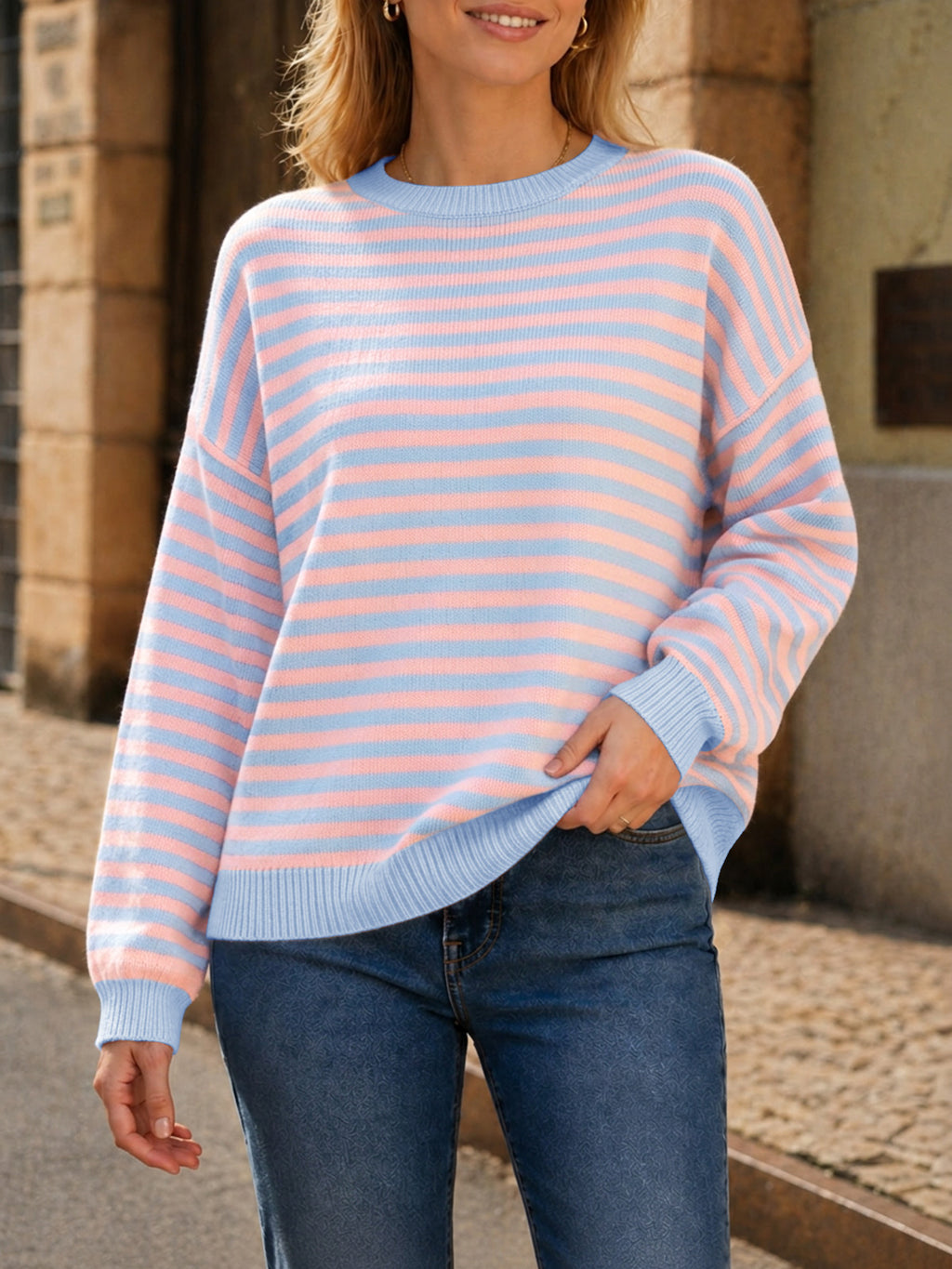 Saodimallsu Women Oversized Striped Crew Neck Pullover Sweater