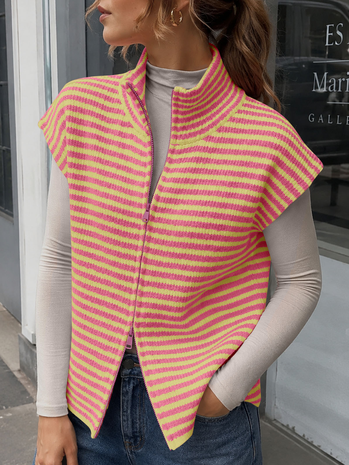 Saodimallsu Women Striped Zip Up Knit Cardigan