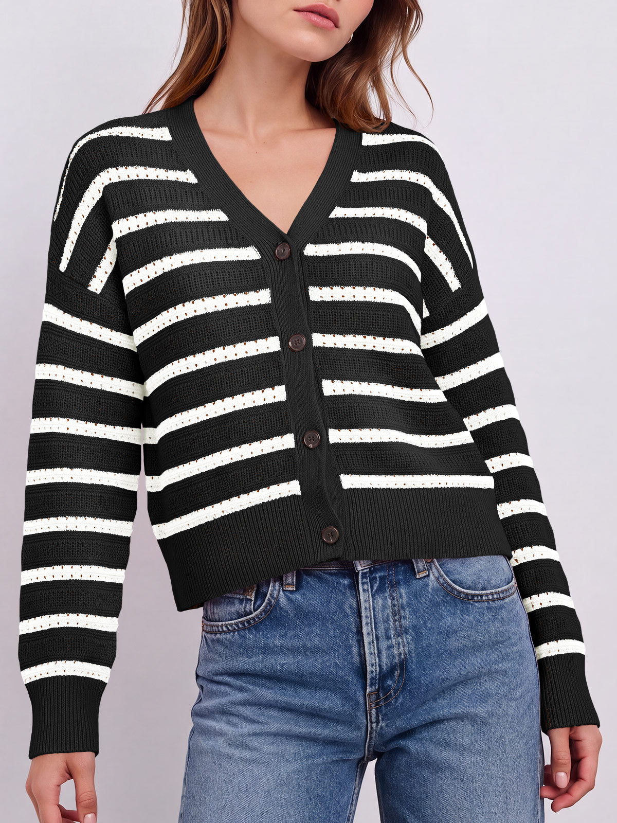 Saodimallsu Womens Striped Crochet Cardigan Tops