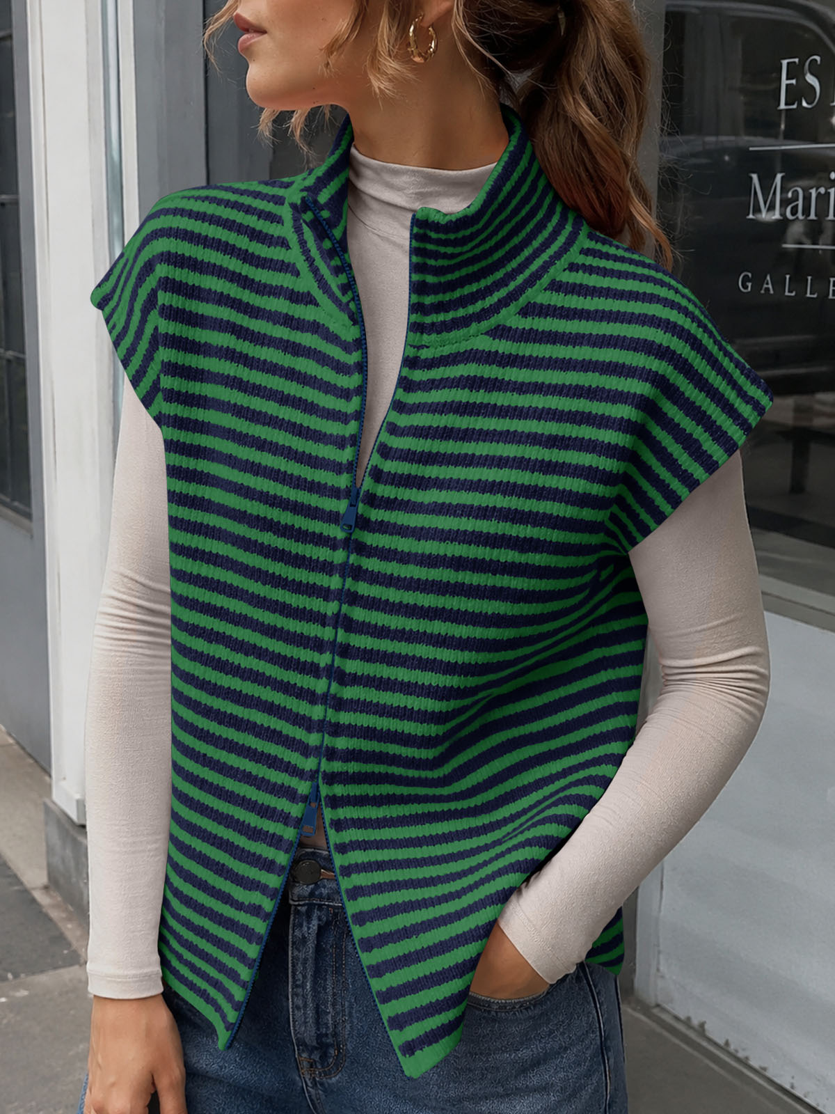 Saodimallsu Women Striped Zip Up Knit Cardigan