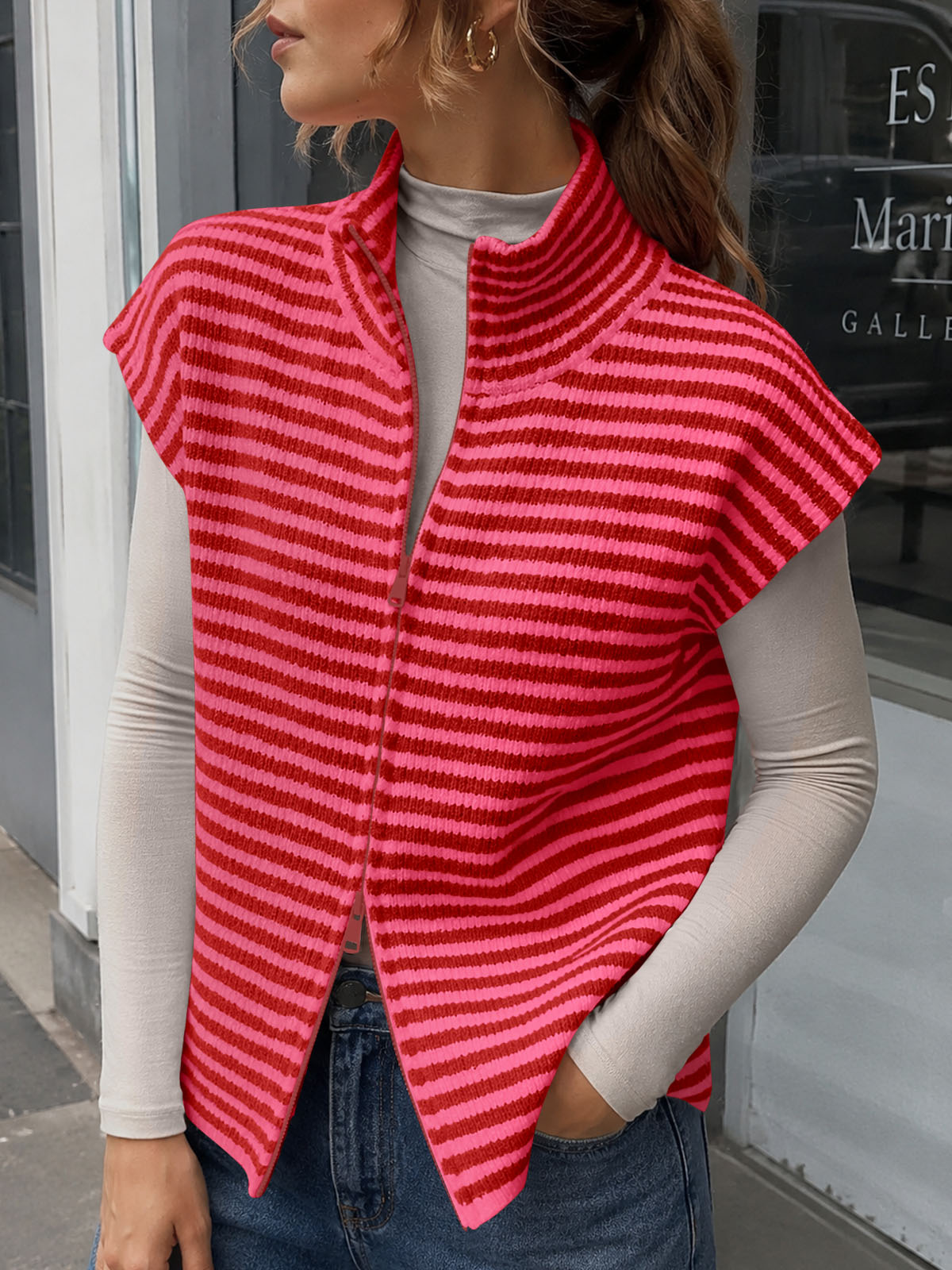 Saodimallsu Women Striped Zip Up Knit Cardigan