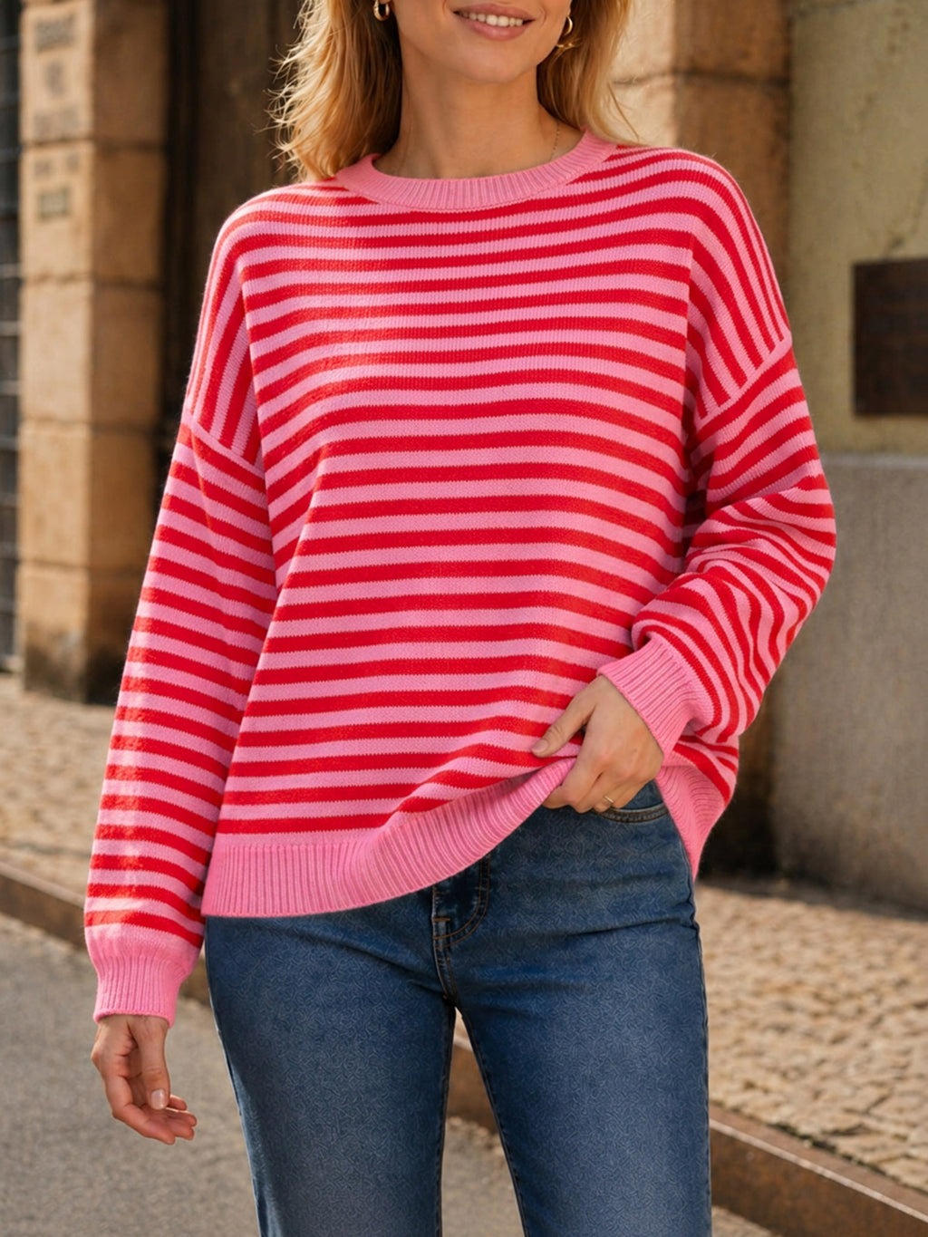 Saodimallsu Women Oversized Striped Crew Neck Pullover Sweater